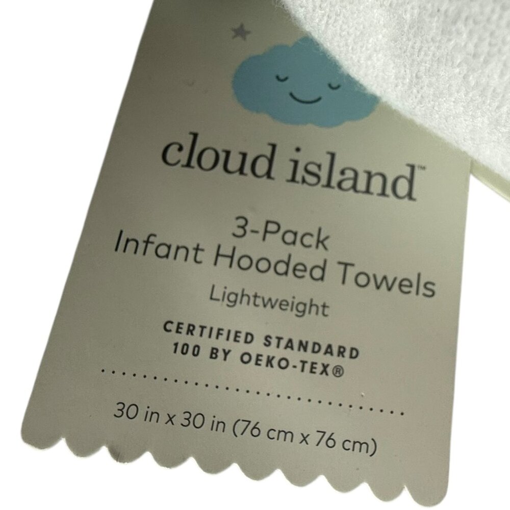 New NWT Cloud Island Three Pack Infant Hooded Towels.  White Light Mint Green.